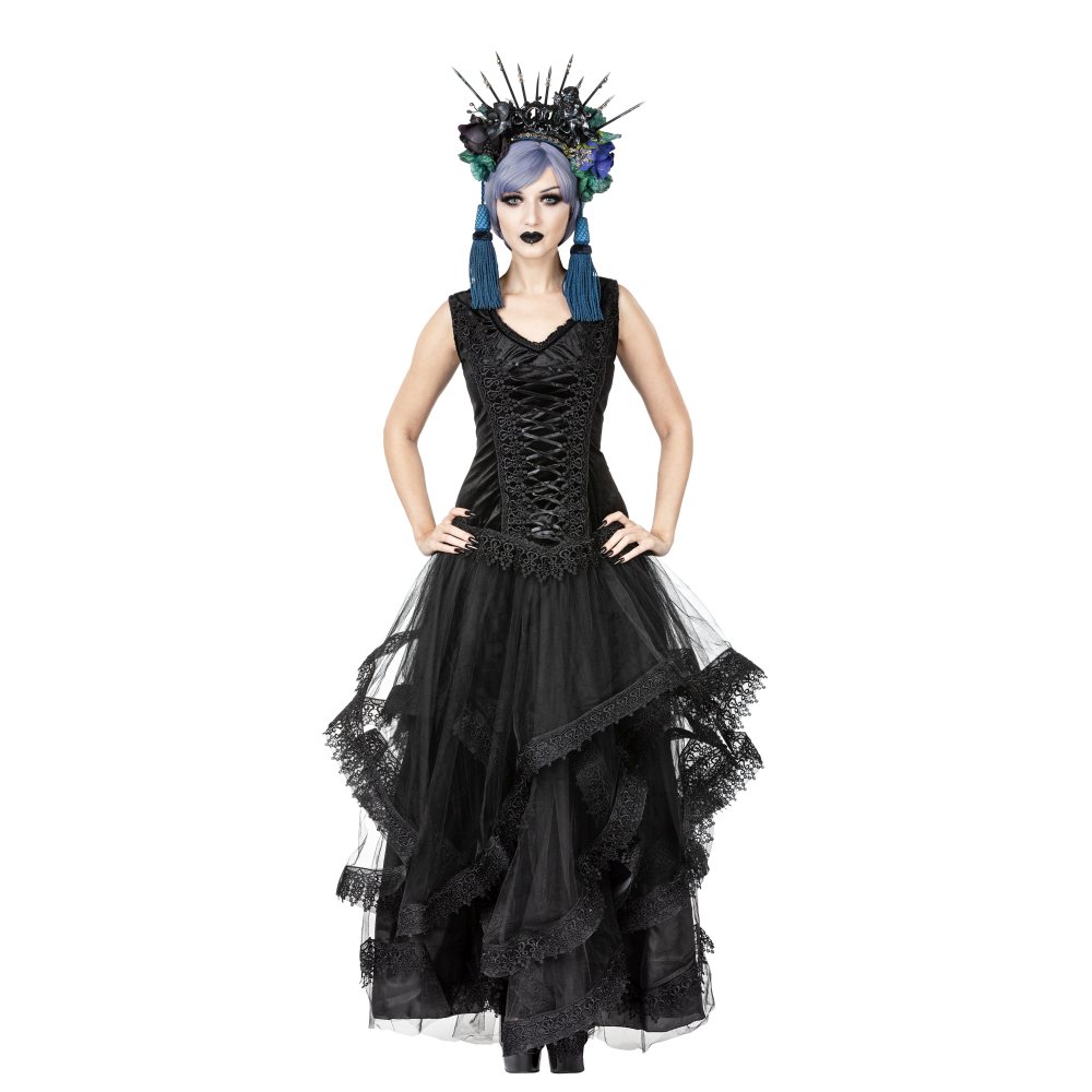 Sinister - 1196 Maxi Lange Rok - Zwart